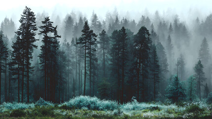misty evergreen forest covered in fog with soft emerald tones and atmospheric light in the distance