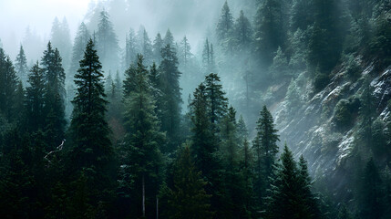 misty evergreen forest covered in fog with soft emerald tones and atmospheric light in the distance