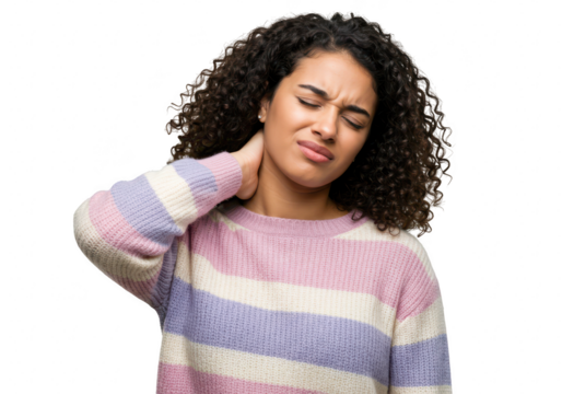 A young woman with curly hair is suffering from neck pain, isolated on transparent background