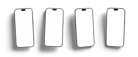 Smartphone set with blank screen, positioned diagonally, casting shadows on a white background. CGI mobile phone mockup