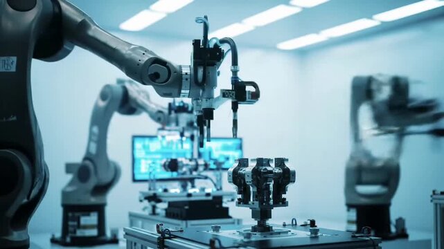 Futuristic laboratory with robotic arms assembling objects, white sterile environment, glowing blue interfaces, fast-paced timelapse