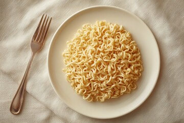 Top view of a plate with instant noodles, isolated on a beige tablecloth background. Food photography. Studio shot. High-resolution digital camera photo taken by a professional.