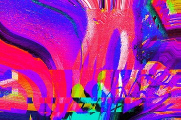 Glitch art abstract in neon red, purple, blue. Modern 90s, Y2K style, vibrant distortion, digital...