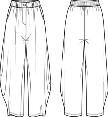 Men’s pleated loose-fit pants sketch front and back view, button and zipper closure, elastic back waistband, tapered wide legs, casual garment illustration