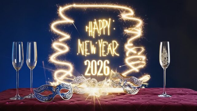 Table with two glasses and two masquerade masks with the words Happy New Year 2016 written in gold letters