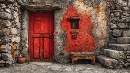 Red door on stone wall exterior, rustic architectural entrance with textured surface for historical or cozy home design