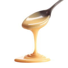 Condensed milk flowing down from spoon isolated on transparent white background, clipping path
