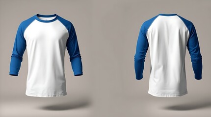 Realistic 3D mockup of white and blue long sleeve raglan t-shirt with front, side, and back views on neutral gray background, perfect for clothing design and branding showcase