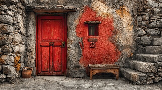 Red door on stone wall exterior, rustic architectural entrance with textured surface for historical or cozy home design - Powered by Adobe