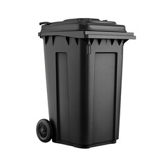 Black street trash bin isolated on transparent background, side view.