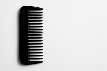 Black wide-tooth comb in stylish layout with copy space. Great for salon posters, hair product packaging, or modern editorial designs.
