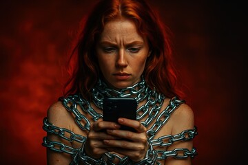 Woman wrapped in chains while using phone. Ideal for social media addiction awareness, digital detox campaigns, or mental health visuals.
