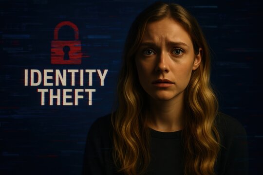 Woman’s face glitching beside identity theft warning. Powerful visual for fraud prevention, digital identity, or cybersecurity education.
 - Powered by Adobe
