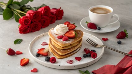 heart shaped pancakes valentine's day flatlay