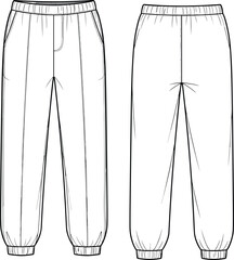 Men’s sweatpants fashion sketch front and back view, elastic waistband and cuffs, side pockets, center seam detail, casual garment technical illustration