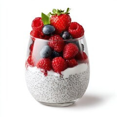 Fresh mixed berries including strawberries blueberries and raspberries on creamy chia pudding in a clear glass isolated on white background