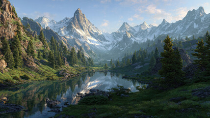 A hyper-realistic mountain valley at dawn with a clear lake reflecting snowy peaks and lush forests, highlighted by soft light and detailed textures.