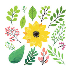 Decorative Floral Set with Sunflower, Leaves, and Garden Blooms