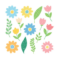 Assorted Floral Elements with Leaves and Tulips in Pastel Colors