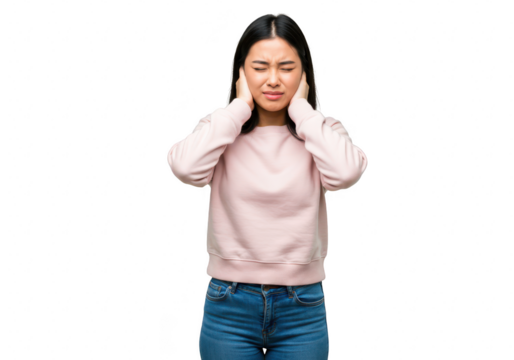 A young asian woman covers her ears and closes her eyes in discomfort, isolated on transparent background