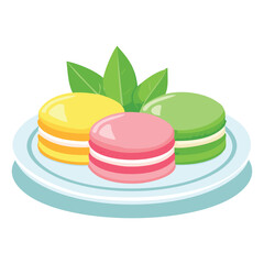 Pastel French Macarons with Fresh Mint on a Blue Plate