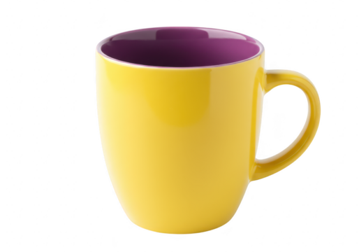 A bright yellow ceramic mug with a purple interior, isolated on a transparent background