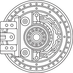 Cyber Vault Door with Circuit Board and Gear Elements Vector Line Art, Cyber Vault Door, Futuristic Lock Art, Circuit Gear Security, Safe Lock Vector, Tech Lock Illustration