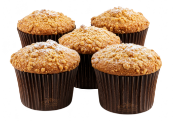 A group of five delicious muffins with a crumbly topping, isolated on a transparent background