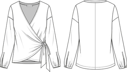 Wrap blouse technical sketch front and back, V-neckline design, cuffed sleeves, side tie, stitching details, relaxed fit, fashion flat, garment pattern, apparel design