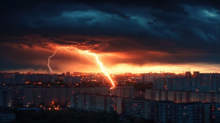 Dramatic city skyline at sunset with thunderstorm