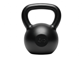 A black 4kg kettlebell isolated on a transparent background, ready for a strength training workout