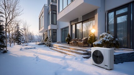 Residential heat pump winter exterior unit, home energy efficient heating and cooling system for modern eco-friendly housing