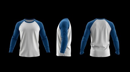 Realistic 3D mockup of white and blue long sleeve raglan t-shirt with front, side, and back views on neutral gray background, perfect for clothing design and branding showcase