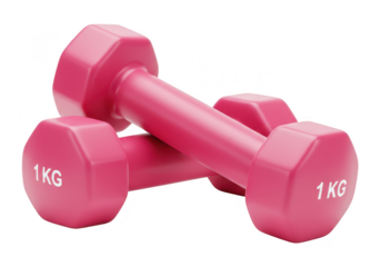 A pair of pink 1kg dumbbells crossed, symbolizing fitness and strength training, isolated on white isolated on transparent background