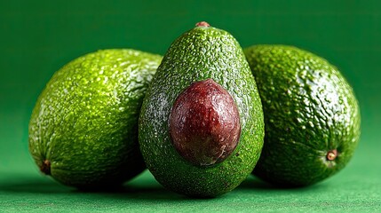 Ripe avocados on green background, healthy fruit trio isolated for food packaging, nutrition, recipe, health concept