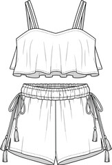 Sleeveless crop top and shorts fashion sketch, ruffled hem, drawstring waist, tassel detail, summer outfit design, front and back views, garment illustration, technical flat