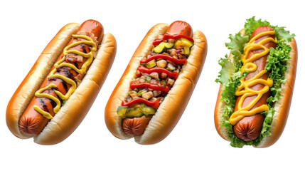 three hot dogs with different toppings on white background.