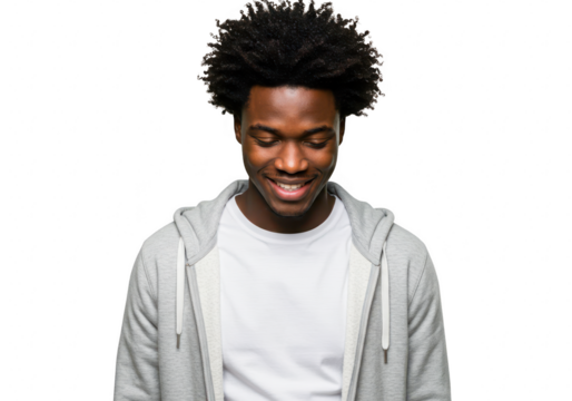A happy black man wearing a hoodie and tshirt smiles joyfully while looking down, isolated on a transparent background