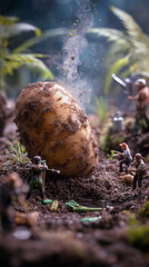 Freshly harvested potatoes partially buried in fertile soil, seen from a microscopic point of view, surrounded by small farmers with watering cans and miniature bags of fertilizer, illustration