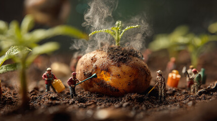 Freshly harvested potatoes partially buried in fertile soil, seen from a microscopic point of view, surrounded by small farmers with watering cans and miniature bags of fertilizer, illustration