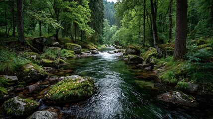 Obraz premium River flowing through green forest, serene woodland watercourse scene for eco nature, travel, outdoor photography