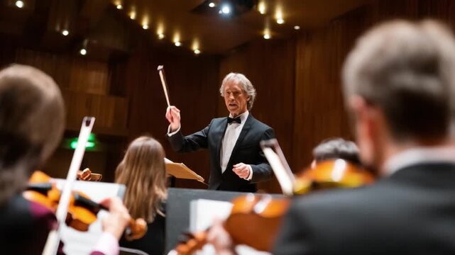Maestro's Baton: The conductor leads the orchestra with passion, as musicians play instruments in a concert hall, captured in a medium shot that radiates the harmony of classical performance