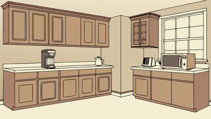 Modern kitchen interior with cabinets microwave coffee maker and window isolated on white background