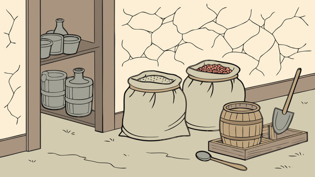Illustration of a rustic storage area with sacks of grain and barrels isolated on white background