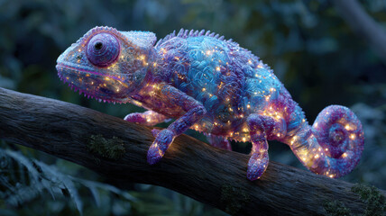A fantasy bright crystalline chameleon with glowing, luminescent skin sits on a wooden tree branch in a wild jungle at night, its shining crystal body emitting a soft, pleasant light.