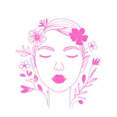 Delicate pink floral line art portrait of a woman with closed eyes