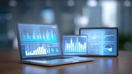 Fototapeta premium Data Analytics Visualization on Desk with Dual Screens
