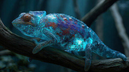 A fantasy bright crystalline chameleon with glowing, luminescent skin sits on a wooden tree branch in a wild jungle at night, its shining crystal body emitting a soft, pleasant light.