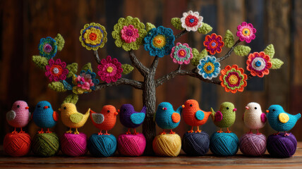 A handcrafted yarn tree with colorful crocheted birds and bright flowers, resting on multicolored yarn balls, in a cozy crafting space with a wooden background, creating a vibrant, whimsical scene.