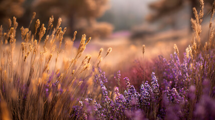 sunlit purple field in golden hour with warm tones and natural scenery in a blooming landscape